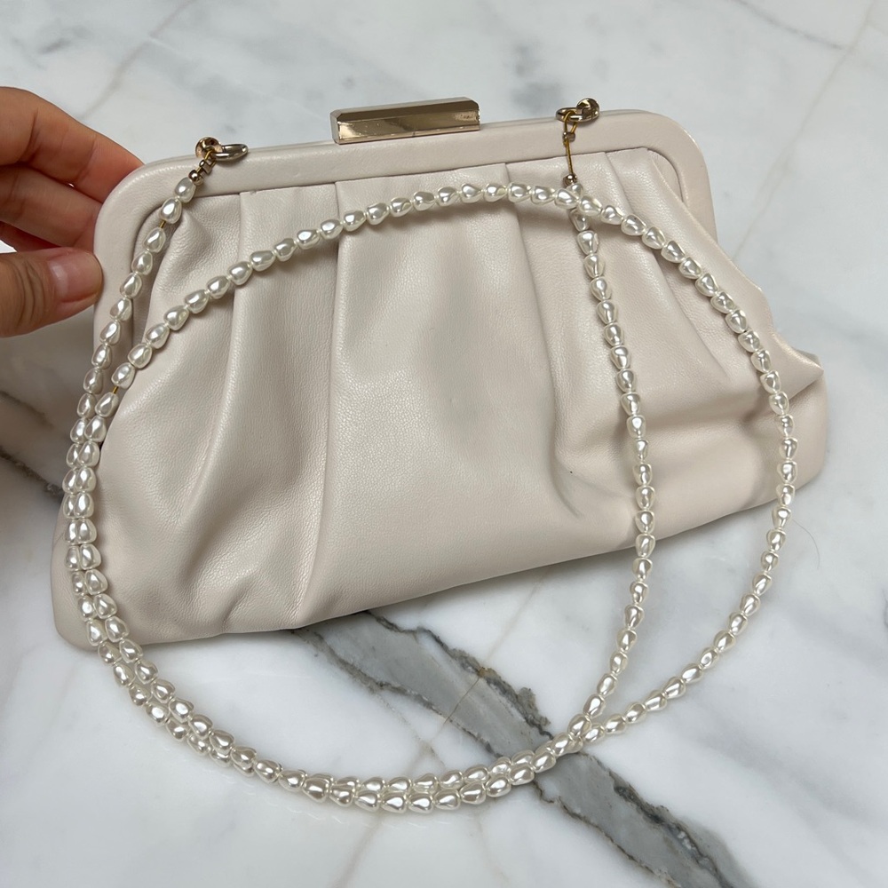 Chic Cream Clutch with Pearl Chain